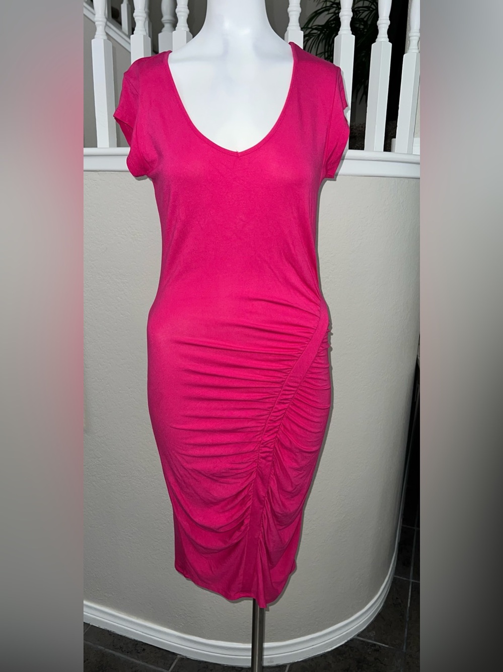Venus Bright Pink Ruched V-Neck Women's Dress